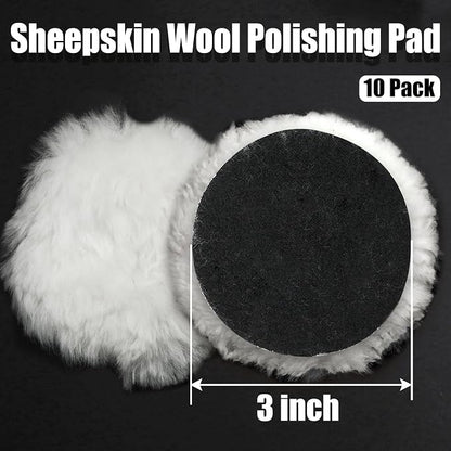 10 Pcs Wool Polishing Pad 3 Inches Soft Sheepskin Buffing Pads with Hook and Loop Back for Compound Cutting & Polishing for Automotive, Marine, Furniture