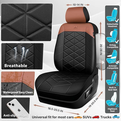 CAR PASS Memory Foam Leather Seat Covers Full Set, Breathable Perforated Nappa Leather Seat Covers Universal Fit for Cars,SUV,Truck Seat Covers Thick 3D Foam Comfortable, Airbag Compatible Black Brown