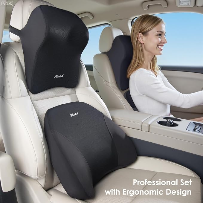 FLORICH Upgrade Lumbar Support and Car Neck Pillow, Back Support and Headrest Pillow for Car Seat Driver, Memory Foam Back Neck Support Pillow and Car Seat Lumbar Support for Car Office Chair - Black