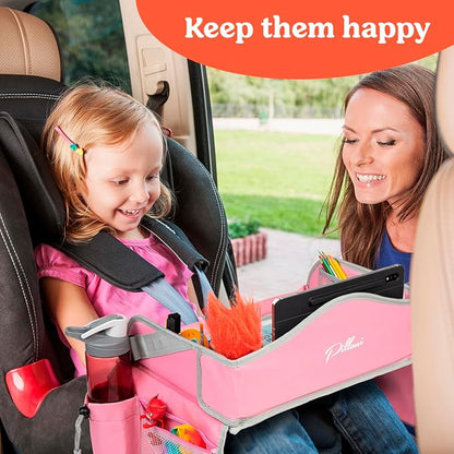 PILLANI Kids Travel Tray for Car - Car Seat Tray for Kids Travel, Road Trip Essentials, Carseat Table for Roadtrip Activities - Must Haves Toddler Lap Desk Organizer for Airplane - Car Accessories