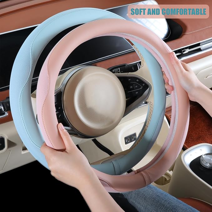Nappa Leather Green D Shape Steering Wheel Cover, Advanced Microfiber Leather Non-Slip Breathable Fabric, Warm in Winter and Cool in Summer, Universal 15 inch