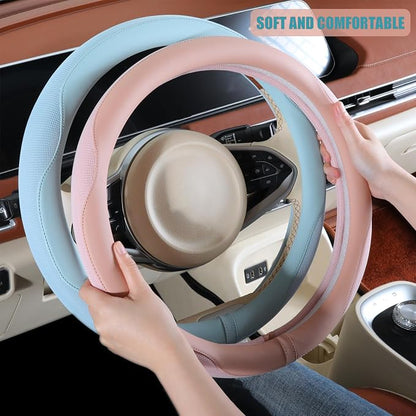 Nappa Leather Green D Shape Steering Wheel Cover, Advanced Microfiber Leather Non-Slip Breathable Fabric, Warm in Winter and Cool in Summer, Universal 15 inch