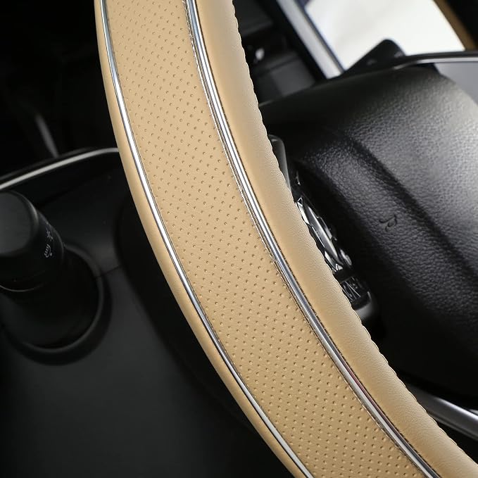 ALEMODR Buff Leather Steering Wheel Cover Fiber Strip Car Steering Wheel Cover Universal 15 inch