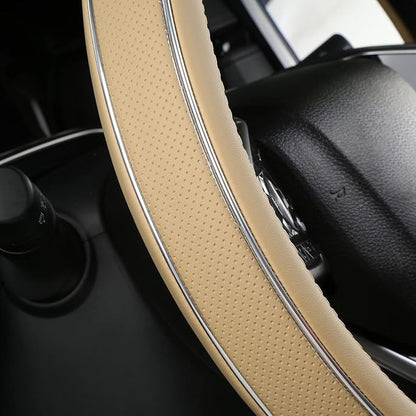 ALEMODR Buff Leather Steering Wheel Cover Fiber Strip Car Steering Wheel Cover Universal 15 inch