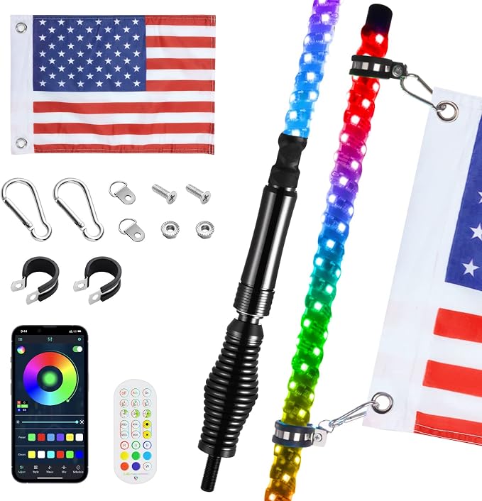 Ehaho 2 Pack 3FT Whip Lights with Spring Base,LED Whip Light with App & Remote Control, Spiral RGB Chasing Lighted Whips with Rocker Switch, Music Whip Light for UTV ATV Polaris RZR Can-Am SXS Truck