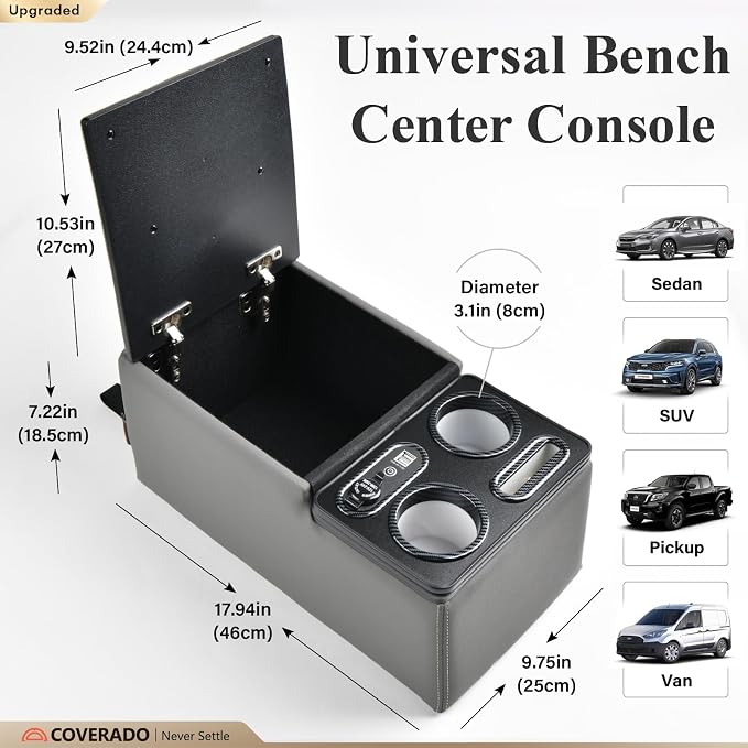 Coverado Car Center Console, Universal Bench Seat Consoles, Truck Center Console Automotive Center Console, Back Seat Organizer With Cup Holder+Phone Holder, Central Armrest Storage Box (Update, Gray)