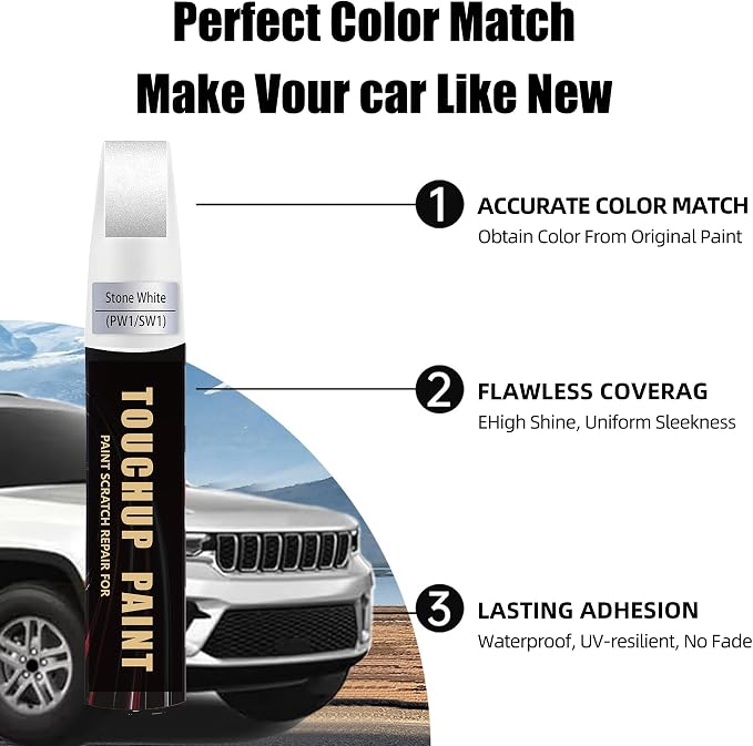 Stone White(PW1/SW1) Car Paint Touch Up Pen Compatible with JEEP, 2-In-1 Color Accurate Touch Up Car Scratch Repair Paint Match JEEP Series Automotive Scratch Remover for Nicks & Chips Repair