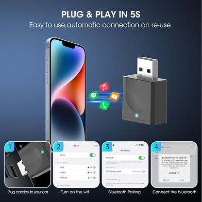 Wireless Carplay Adapter for iPhone, Convert Wired to Apple Carplay Wireless Adapter, Mini Size with Bluetooth 5.3 WiFi 5.8 GHz, Plug and Play, Connection Stable No Delay