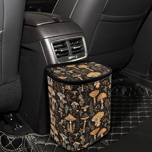 Talayituse Mushroom Leaf Print Car Trash Can, Portable Auto Garbage Bin Multifunctional Vehicle Interior Accessories with Adjustable Straps Universal Fit Truck SUV Sedan