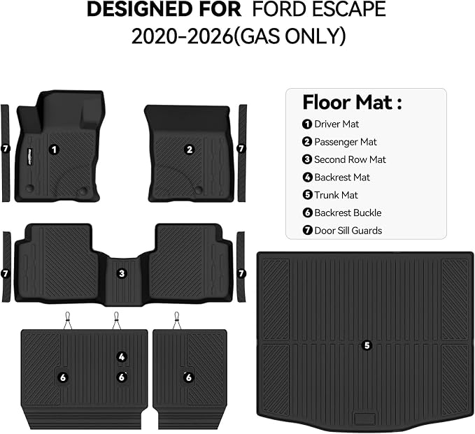 Floor Mats for Ford Escape 2020-2026(Gas Only), Trunk Mat and Backrest Mat & Door Sill Guard All Weather TPE Protector for Ford Escape Floor Liner Accessories