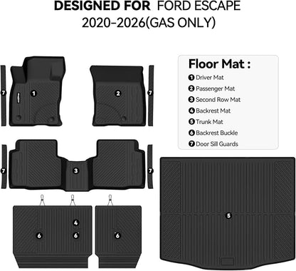 Floor Mats for Ford Escape 2020-2026(Gas Only), Trunk Mat and Backrest Mat & Door Sill Guard All Weather TPE Protector for Ford Escape Floor Liner Accessories