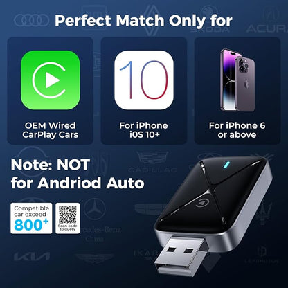 Wireless CarPlay Adapter for iPhone, Mini Size for Apple CarPlay Adapter, Convert Wired to Wireless with Extension Cable USB & USB-C/Type-C, Stable Control & No Delay, Black