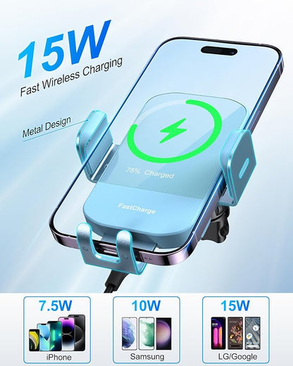 Wireless Car Charger, 15W Fast Charging Auto Clamping Car Charger Phone Mount Phone Holder fit for iPhone 15 14 13 12 11 Pro Max Xs, Samsung Galaxy S24 Ultra S23 S22 S21, S20, S10+, Cyan
