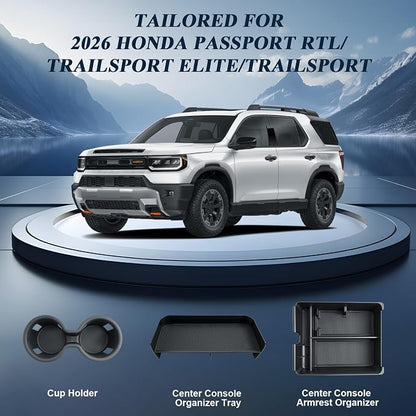 BIBIBO for 2026 Honda Passport Accessories Console Organizer 2026 Honda Passport Center Console Organizer+Cup Holder +Console Armrest Box Organizer Tray 2026 Passport Console Insert Organizer-3Packs