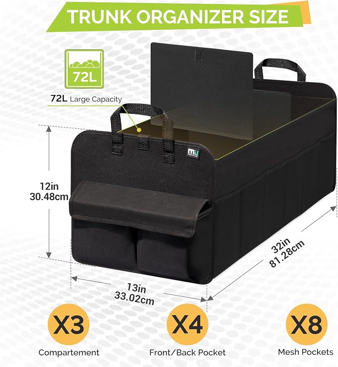 MIU COLOR Trunk Organizer for SUV, Collapsible Car Organizer, 12 Pockets Trunk Organizer for Car, Non-Slip Trunk Storage Organizer for Sedans, Van, Grocery, Large 3 Compartments 32"×13"×12"
