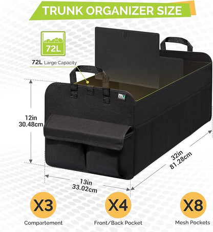 MIU COLOR Trunk Organizer for SUV, Collapsible Car Organizer, 12 Pockets Trunk Organizer for Car, Non-Slip Trunk Storage Organizer for Sedans, Van, Grocery, Large 3 Compartments 32"×13"×12"
