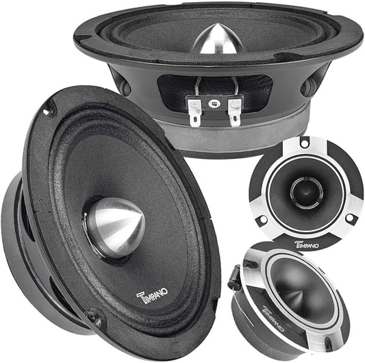 Timpano 1600 Watts Bundle 2X 6.5 Midrange Speakers TPT-MR6-4 Bullet 500 Watts, 4 Ohm + 2X Super Tweeters TPT-ST2 Chrome for Car Audio Systems (2 Speakers, 2 Tweeters)