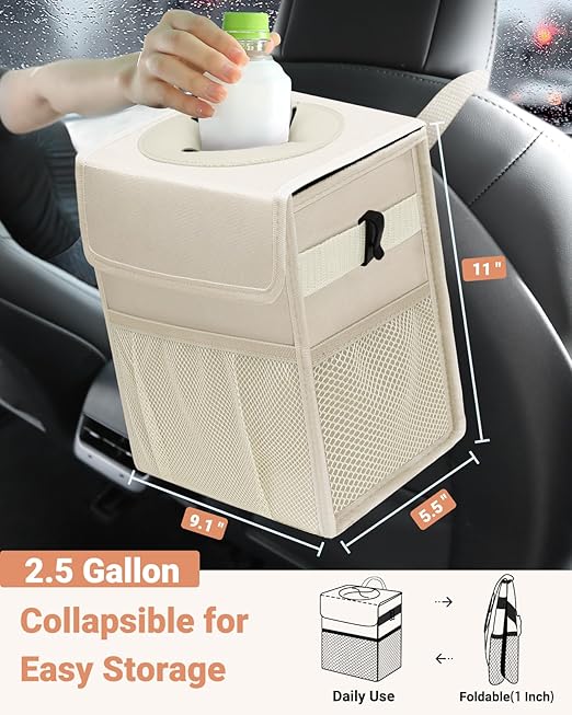 Capolo Car Trash Can with Lid, Leakproof Car Trash Bag Hanging Waterproof Automotive Garbage Can with Storage Pockets Mini Vehicle Trash Bin for Back/Front Seat(Beige,2.5 Gallon)