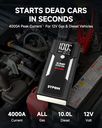 Portable Jump Starter, 4000A Peak Car Battery Charger, 12V Jump Box for Truck up to 10L Diesel, Motorcycle, Dual USB, LED Light, Great Battery Jumper for Road Side Emergency Kit for Car