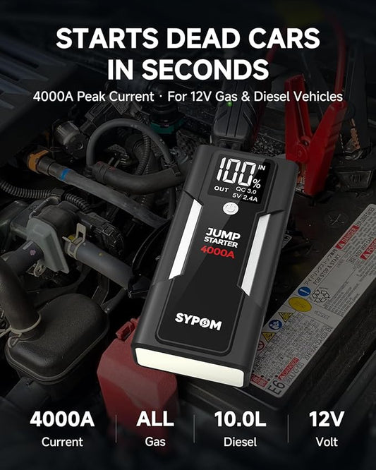 Portable Jump Starter, 4000A Peak Car Battery Charger, 12V Jump Box for Truck up to 10L Diesel, Motorcycle, Dual USB, LED Light, Great Battery Jumper for Road Side Emergency Kit for Car