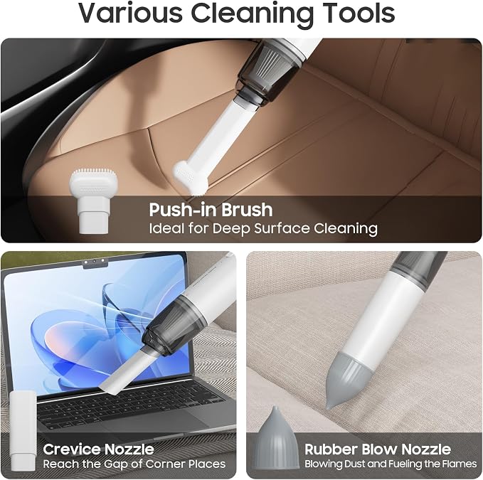 Handheld Vacuum Cordless, Car Vacuum Portable with 2 Suction Modes, Blow & Suction 2-in-1, Mini Vacuum Cleaner Rechargeable for Car, Home, Pet Hair, Office, Desk, Keyboards (White)