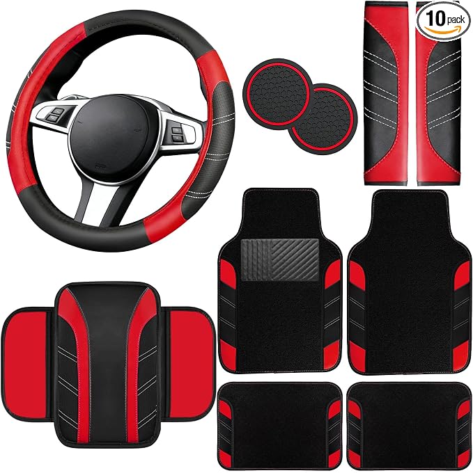 NBTEPEM 10 Pcs Car Floor Mats Full Set & Sport Leather Steering Wheel Cover 14.5-15 inch, Center Console Cover, Seat Belt Cushion, Cup Holder Coaster, Universal Automobile Interior Sets (Red)