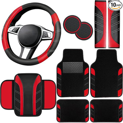 NBTEPEM 10 Pcs Car Floor Mats Full Set & Sport Leather Steering Wheel Cover 14.5-15 inch, Center Console Cover, Seat Belt Cushion, Cup Holder Coaster, Universal Automobile Interior Sets (Red)