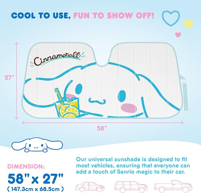 Carbella Cinnamoroll Car Windshield Sun Shade, Official Sanrio Accordion Style Sunshade for Car Window, Cute Kawaii Car Sun Shade Windshield, Cinnamoroll Car Accessories for Women (Lemon Chill)