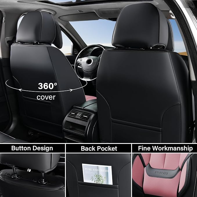 Coverado Universal Seat Covers Front, Universal Seat Covers for Cars, 2-Pack Waterproof Nappa Leather Car Seat Covers with Head Pillow, Auto Protectors Fit for Most Sedans Pick-up Truck-Black&Pink