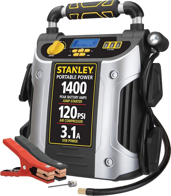 Stanley J7C09D 1400 Peak Amp Automotive Jump Starter, Portable Power – Triple 15W USB Ports, 120 PSI Air Compressor for Tires & Sports Equipment
