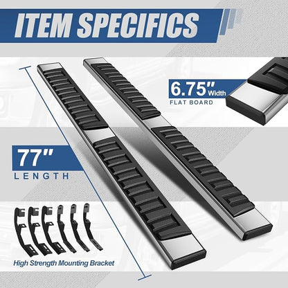 Auto Dynasty 6.75" Running Boards Compatible with 2019-2026 Chevy Silverado GMC Sierra 1500 2500HD 3500HD Extended Double Cab, Stainless Steel Nerf Bar, Chrome Side Step