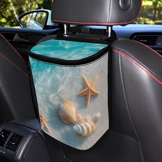 Talayituse Starfish Beach Seahells Print Car Trash Can with Lid, Leak Proof Auto Trash Bag Hanging Vehicle Garbage Can Multipurpose Storage Container for Back Seat Road Trip
