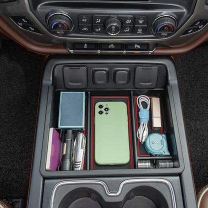 JKCOVER Center Console Organizer Compatible with Chevy Silverado/GMC Sierra 2014 2015 2016 2017 2018 1500/2500/3500HD Accessories Console Compartment Storage Tray -Bucket Seats ONLY (Red Trim)