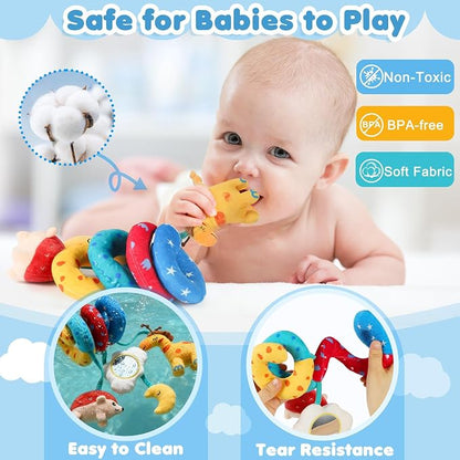 URMYWO Spiral Car Seat Toys for Babies 0-6 Months, Newborn Toys & Infant Toys, 3 Month Baby Toys, Toddler Travel Toys, Sensory Hanging Stroller Toy with Crinkle Mirror, Shower Gifts Essentials
