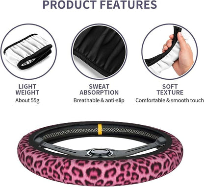 Leopard Print Pink Steering Wheel Cover 15 Inch +2 Pieces Car Coasters | Universal Anti-Slip Breathable Cheetah Print hot Pink Car Wheel Cover for Women Men