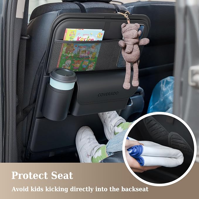 Coverado Car Backseat Organizer with Tablet Tray, Nappa Leather Organizer for Car Seat Back, Waterproof Car Seat Organizer with Touch Screen, Seat Protector Kick Mats for Kids