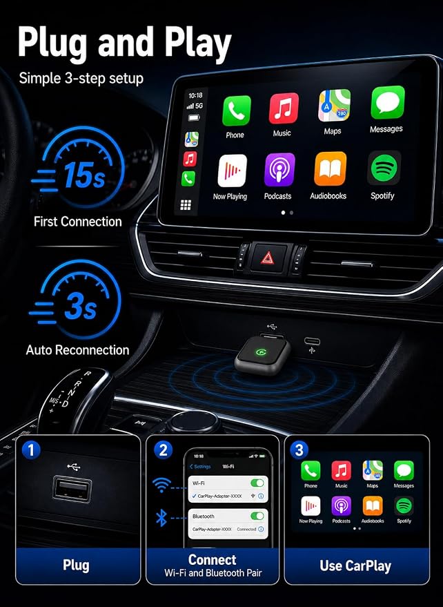 2026 Upgraded USB Wireless CarPlay Adapter for iPhone, Bluetooth 5.8 and Wi-Fi 6, Automatic & Zero-Delay Connection, Android auto Carplay Wireless Adapter for Android and iOS Systems. (Dark Gray)