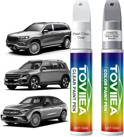 Iridium Silver Metallic(775/9775) Touch Up Paint Compatible with Mercedes-Benz,2-In-1 Car Scratch Remover Pen,Car Paint Scratch Repair Kit for Scratches,Chips & Nicks,2-PCS SET