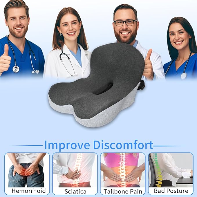 Memory Foam Seat Cushion,Office Chair Cushion with Lumbar Support for Back Pressure Relief, Car Seat Cushion with Adjustable Strap,Sciatica Pad Cushions for Car,Truck, Desk (Black+Grey)