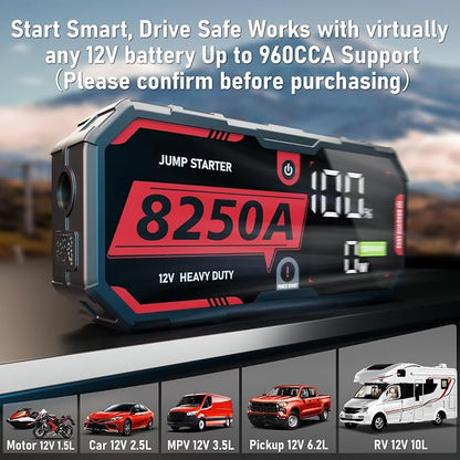 8250A Jump Starter Heavy Duty Jumper Starter Portable Battery Pack (Up to 10L Gas / 6.7L Diesel), 12V Auto Car Truck Battery Booster Jump Box with Power Bank, 48-Months Stand-by Time