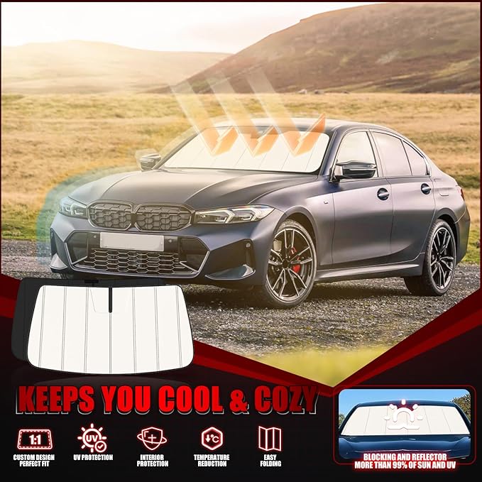 Windshield Sun Shade for BMW 3-Series 330i 328i 320i 325i 335i 330e 2019-2025 2026, Front Window Visor Accessories, Folding Design Blocks Heat & UV Rays Maintain Cool Interior and Save Space