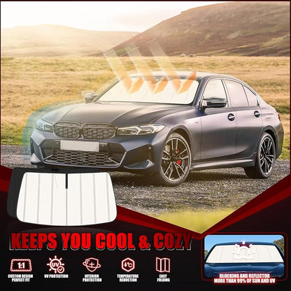 Windshield Sun Shade for BMW 3-Series 330i 328i 320i 325i 335i 330e 2019-2025 2026, Front Window Visor Accessories, Folding Design Blocks Heat & UV Rays Maintain Cool Interior and Save Space