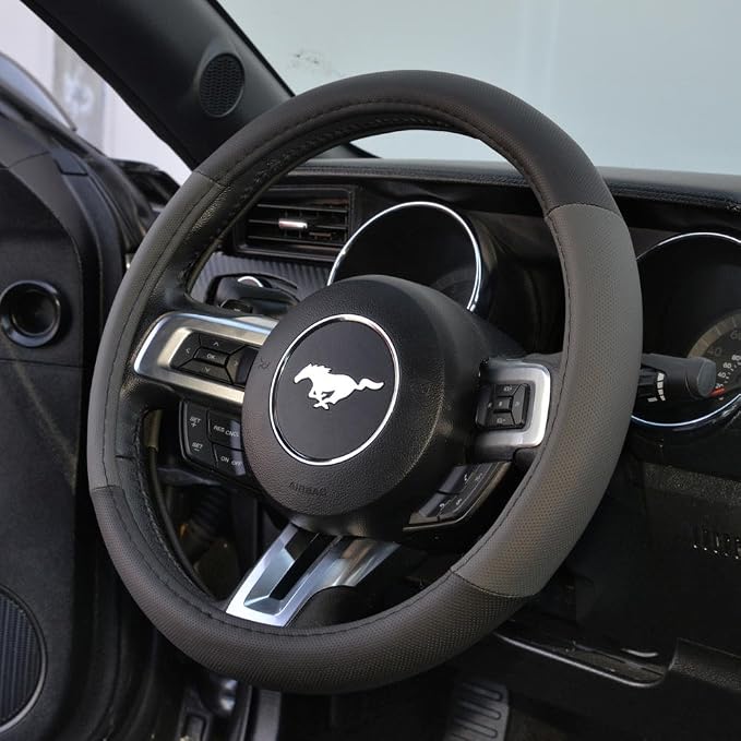 BDK Sporty Two Tone Ergonomic Grip Steering Wheel Cover - Plush Leather Grip for Standard Size Wheels 14.5-15 inch Gray/Black