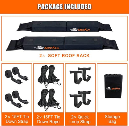MeeFar Universal Car Soft Roof Rack Pads Luggage Carrier System for Kayak Surfboard SUP Canoe Include 2 Heavy Duty Tie Down Straps, 4 Tie Down Rope, 4 Quick Loop Strap and Storage Bag