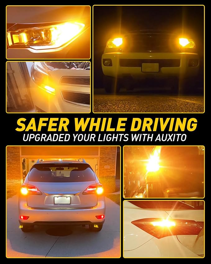 AUXITO 2025 Latest CANBUS 7440 7443 LED Bulbs Amber Yellow with Built-in Resistor Anti Hyper Flash 7440NA 7441 7444 7444NA W21W WY21W Error Free LED Front Rear Turn Signal Lights, Pack of 2