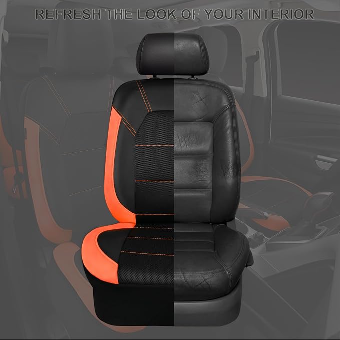 CAR PASS Leather Seat Covers, Breathable Universal Car Seat Cover Full Set for Cute Women Girly,5mm Composite Sponge Inside,Airbag Compatible Fits Most Auto,SUVs,Trucks,Vans(Full Set,Black&Orange)