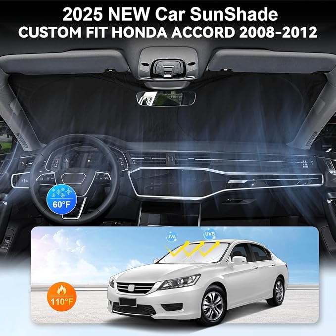 Custom Fit Accord Windshield Sunshade for Honda Accord 2012 2011-2008 Sedan, LX, EX, EX-L, Touring Accessories Front Window Cover for Windshield Sun Visor Protector Blocks UV Rays Cool Car Accessories