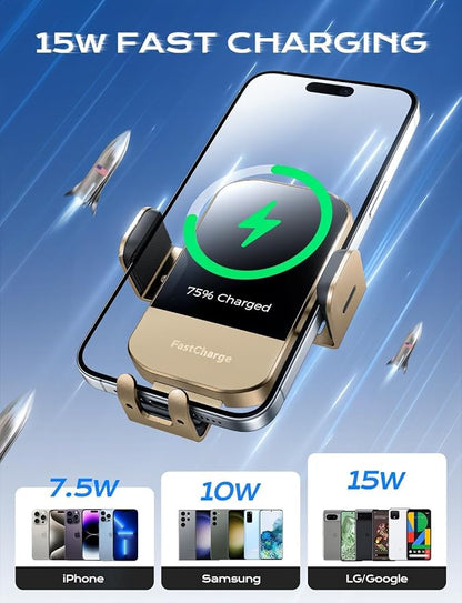 Wireless Car Charger, 15W Fast Charging Auto Clamping Car Charger Phone Mount Phone Holder fit for iPhone 15 14 13 12 11 Pro Max Xs, Samsung Galaxy S24 Ultra S23 S22 S21, S20, S10+, Golden