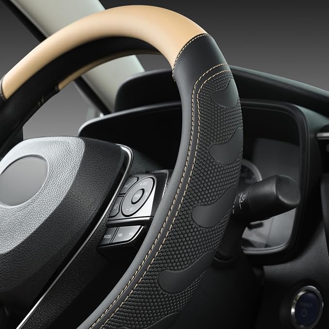 GIANT PANDA Car Steering Wheel Cover for Toyota RAV4,Camry,Highlander,Corolla,Prius,Tacoma,Standard Size - Black+Beige