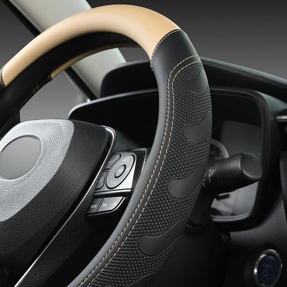GIANT PANDA Car Steering Wheel Cover for Toyota RAV4,Camry,Highlander,Corolla,Prius,Tacoma,Standard Size - Black+Beige